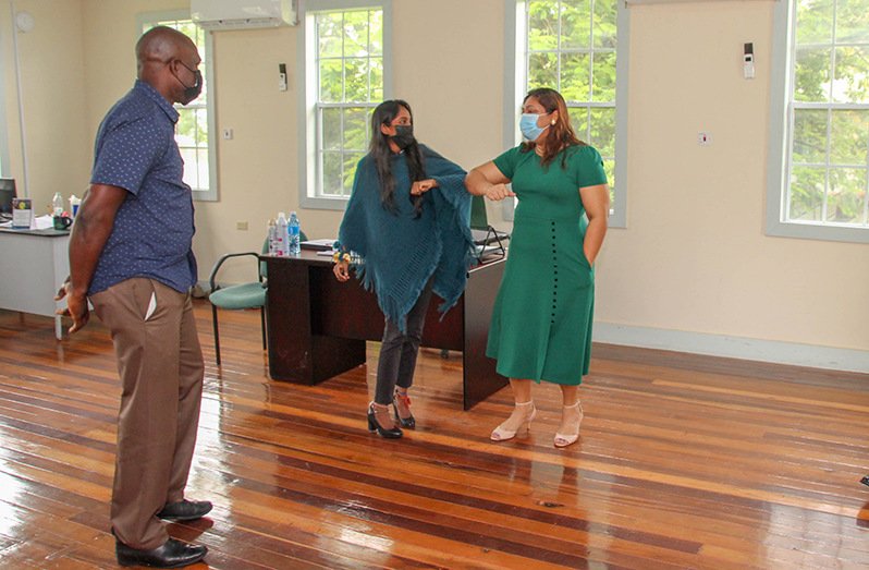 Minister of Education, Priya Manickchand, meeting employees of GOAL on Tuesday