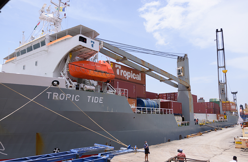 The Tropical Shipping vessel, the ‘Tropic Tide’, which departed Guyana on Thursday with a container of water supplies for St. Vincent and the Grenadines (Delano Williams photo)