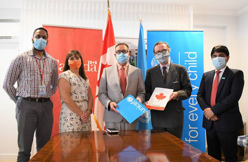 From left, Tariq Williams, Development Officer at the High Commissioner; Janine Cocker, Head of Development Cooperation at the Canadian High Commission; High Commissioner of Canada to Guyana, Mark Berman; UNICEF Country Representative, Nicolas Pron; and UNICEF’s Deputy Country Representative, Irfan Akhtar
