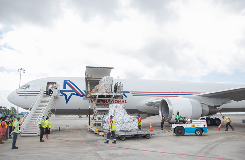 The second batch of the Sputnik V vaccine purchased by the Government of Guyana from Russia arrived at the Cheddi Jagan International Airport (CJIA) on board the Amerijet International (Ministry of Health photo)