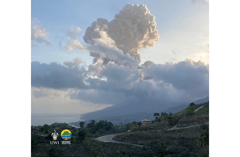 Explosion at the La Soufrière volcano at 6:15 hours on Friday. According to the Seismic Research Centre (SRC) of the University of the West Indies (UWI), eruption column is estimated at roughly 8,000m high with an ash cloud seen moving towards the west of St. Vincent. The period between explosions has now lengthened to more than 40 hours (SRC photo)