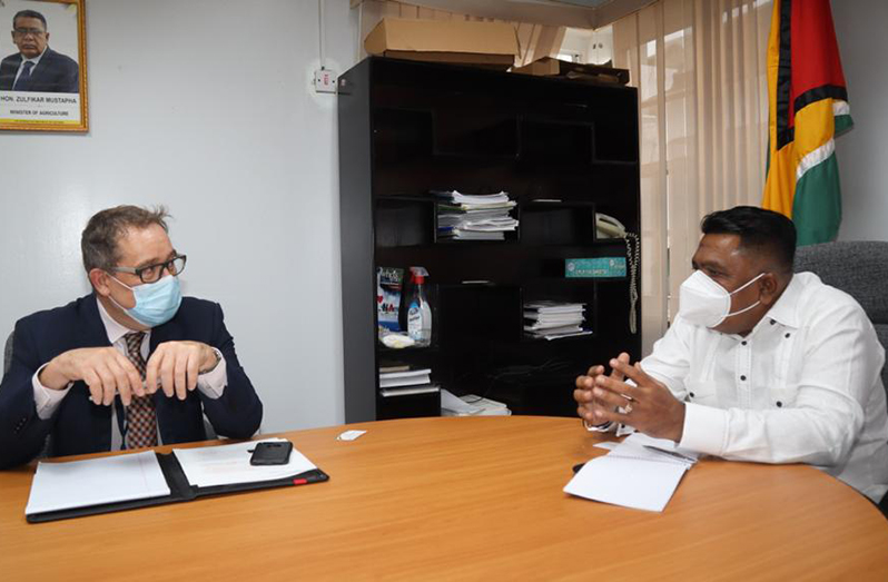 Agriculture Minister Zulfikar Mustapha and Canadian High Commissioner to Guyana, Mark Berman during the meeting on Monday (Ministry of Agriculture photo)