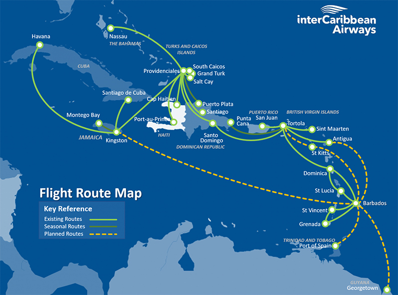InterCaribbean Airways flight route map as displayed on their website