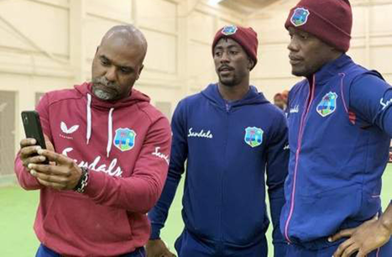 (From left) Andre Coley, then West Indies assistant coach, and players Hayden Walsh and Nkrumah Bonner in discussion during training on the tour of New Zealand in November 2020 (Photo: CWI Media)