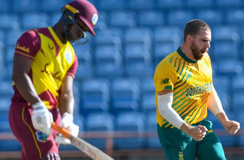 Anrich Nortje delivered the big breakthroughs of Andre Russell and Nicholas Pooran. (AFP/Getty Images)