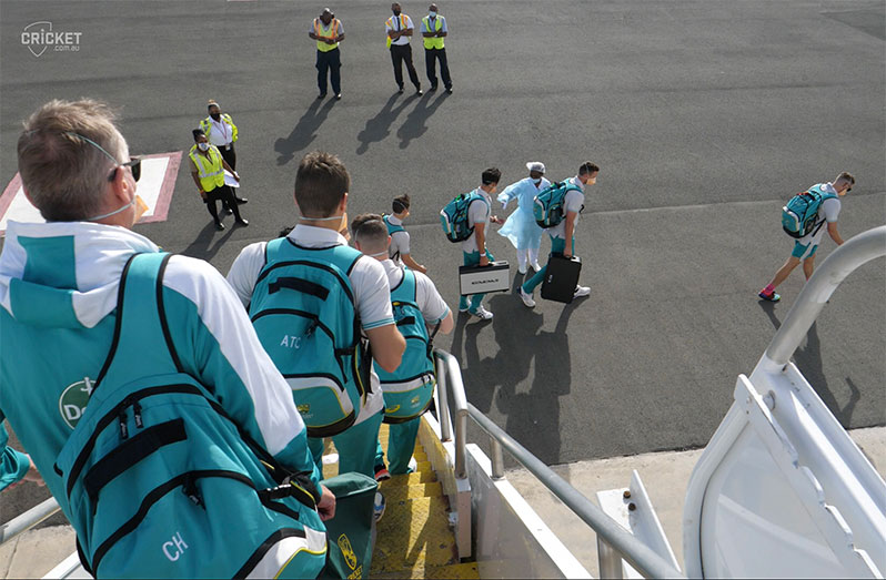 Aussie cricketers emerged from the enormous Qantas Dreamliner to crisp, sunny weather at Hewanorra International Airport before being whisked across to the island's capital, Castries.