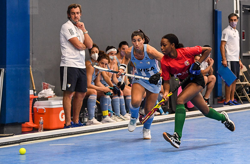 Sixteen-year-old striker Clayza Bobb in action for Guyana against Argentina in the 2021 Indoor Pan Am Women’s Hockey Championship