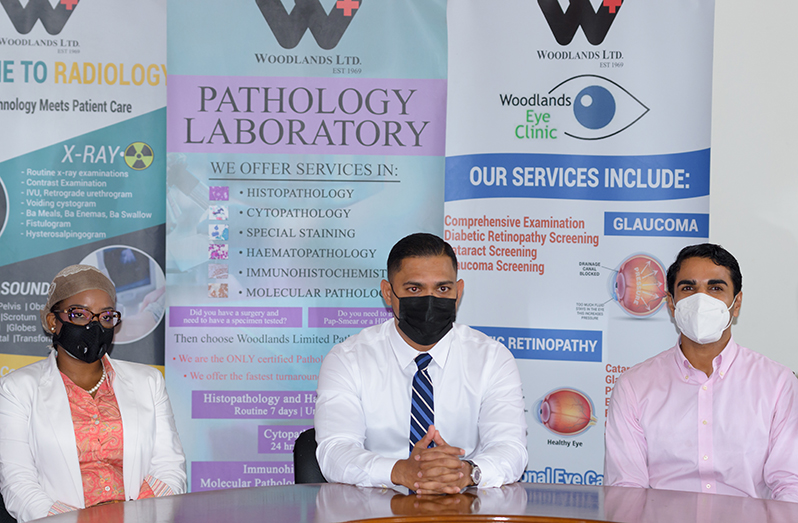 The teen’s mother, Tonna David; Neurosurgeon, Dr. Amarnauth Dukhi, and Dr. Neville Gobin, Management Consultant at Woodlands Hospital, during the press conference on Tuesday
