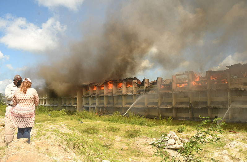 Minister of Home Affairs, Robeson Benn and Minister of Education, Priya Manickchand observing the devastating fire as firemen battle to save the engulfed North Ruimveldt Multilateral School (Adrian Narine photo)