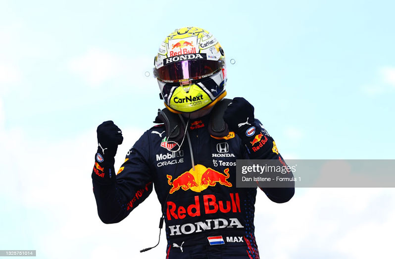 Race winner Max Verstappen of Netherlands and Red Bull Racing celebrates in parc ferme during the F1 Grand Prix of Styria at Red Bull Ring on June 27, 2021 in Spielberg, Austria. (Photo by Dan Istitene - Formula 1/Formula 1 via Getty Images)