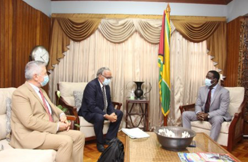 Foreign Affairs and International Cooperation Minister, Hugh Hilton Todd, during his meeting with Ambassador of the French Republic to the Cooperative Republic of Guyana, Antoine Joly. Ambassador Joly was accompanied by General Martin Klotz