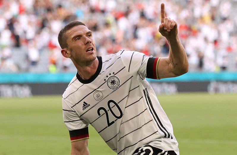 Robin Gosens celebrates after scoring Germany's fourth goal against Portugal.
