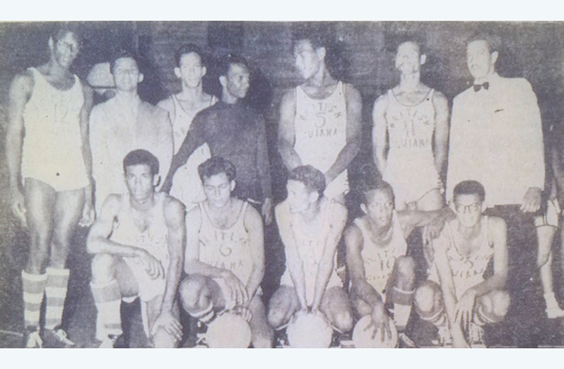 Clairmonte Taitt (4th from left) with the first basketball team to represent Guyana in 1957 in Suriname
