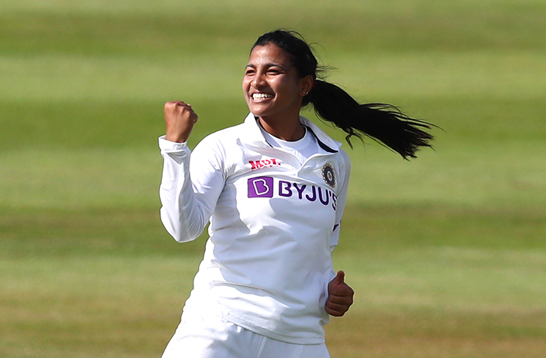 Sneh Rana took three wickets on the first day of her Test debut vs England Women, yesterday.