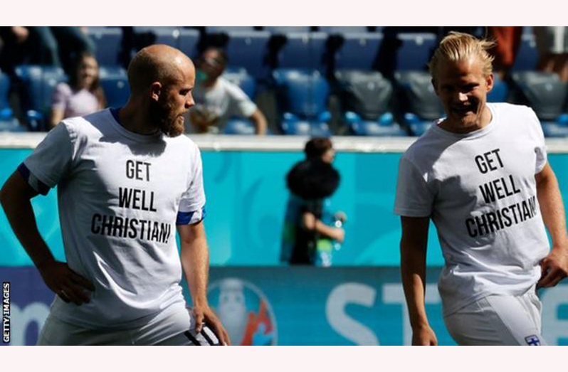 All the Finland squad members wore T-shirts saying 'Get well Christian' as a gesture of support for Denmark's Christian Eriksen.