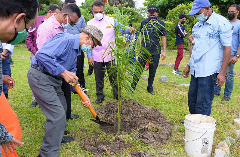 Business tycoon, Dr. Yesu Persaud doing his bit to save the environment on Saturday to mark World Environment Day 2021 (Delano Williams photo)