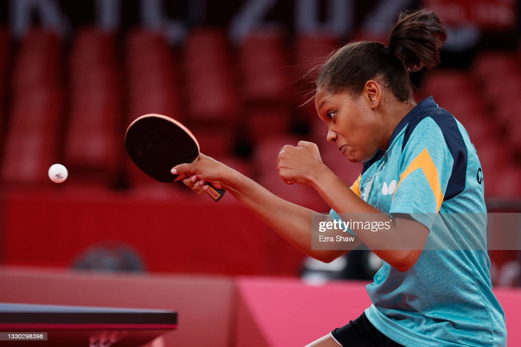 Chelsea Edghill of Team Guyana in action during her women's singles preliminary round table tennis match on day one of the Tokyo 2020 Olympic Games at Tokyo Metropolitan Gymnasium on July 24, 2021 in Tokyo, Japan. (Photo by Ezra Shaw/Getty Images