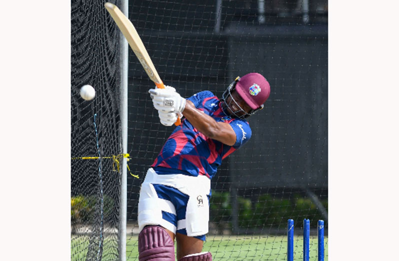 Opener Evin Lewis bats in a net session ahead of Friday opening T20 International against Australia. (Photo courtesy CWI Media)