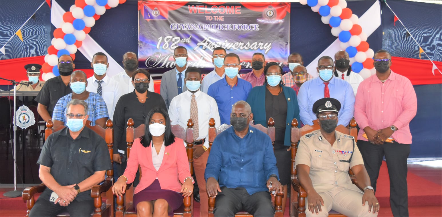 Some of the ranks that were recognised at the GPF’s 182nd Anniversary awards and incentives presentation ceremony on Thursday with Commissioner of Police (Ag) Mr. Nigel Hoppie, DSM; Minister of Home Affairs, Mr. Robeson Benn; Permanent Secretary in the Ministry of Home Affairs, Ms. Mae Touissant Jr. Thomas; and National Security Adviser, Mr. Gerald Gouveia