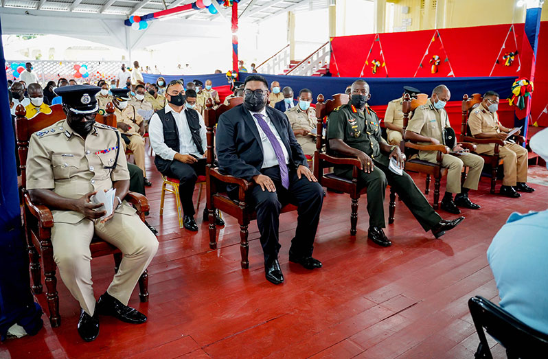 At the Force’s traditional Drum Head Service in celebration of its 182nd  Anniversary are, from left: Acting Police Commissioner, Mr. Nigel Hoppie; President Dr. Irfaan Ali; and Chief of Staff of the Guyana Defence Force, Brigadier Godfrey Bess, along with other high-ranking GPF officers