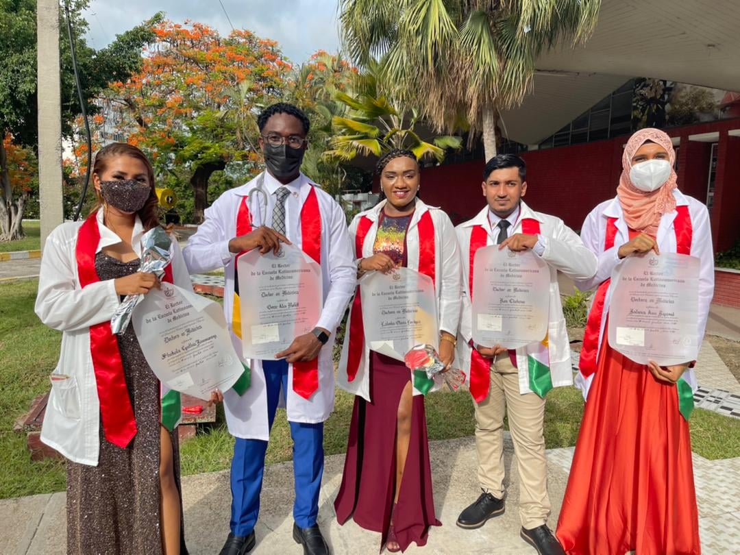 The five newly graduated medical doctors with the certificates. From left are: Dr. Shekeila Ramsammy, Dr. Omar Moffett, Dr. Latesha Fordyce, Dr. Ron Chetram and Dr. Rafeena Riyasat
