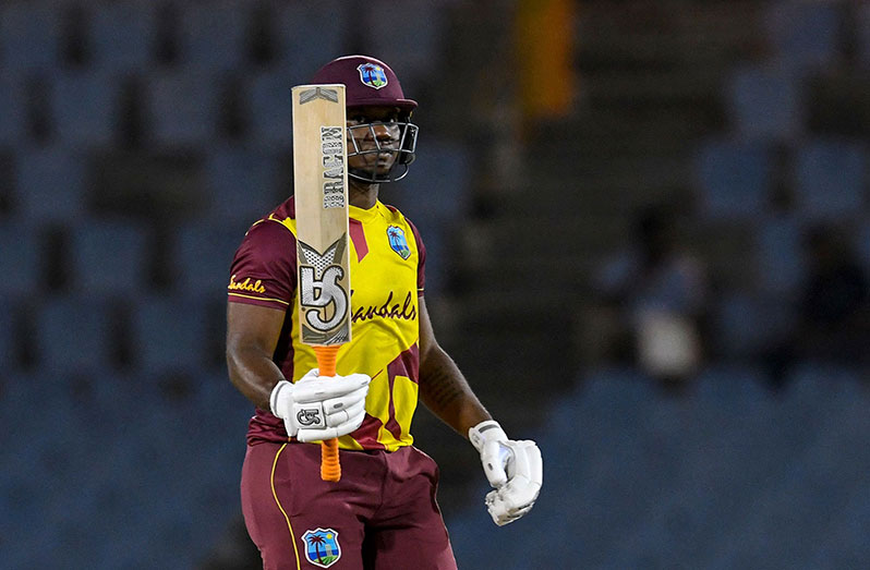 Evin Lewis acknowledges spectators’ applause on reaching  his half-century, West Indies vs Australia, 5th T20I, St Lucia, July 16, 2021