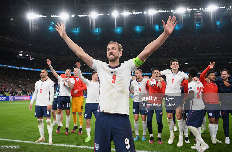 Harry Kane of England celebrates after victory in the UEFA Euro 2020 Championship Semi-final match between England and Denmark at Wembley Stadium yesterday in London, England. (Photo by Shaun Botterill - UEFA/UEFA via Getty Images)