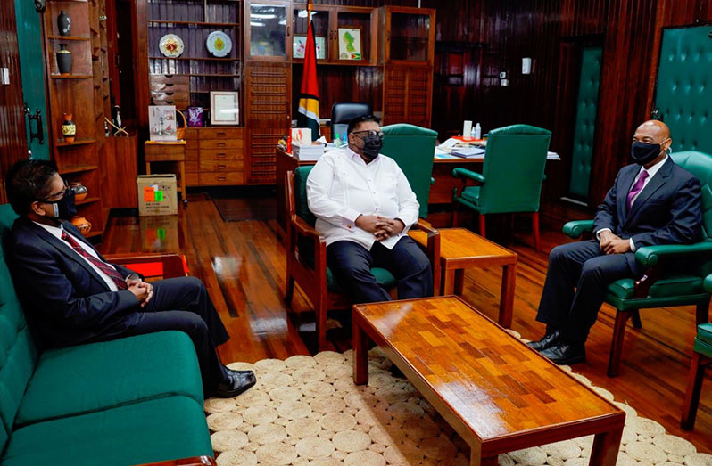President Dr. Irfaan Ali and Senior Minister with Responsibility for Finance in the Office of the President, Dr. Ashni Singh, with President of the  Caribbean Development Bank Dr. Hyginus ‘Gene’ Leon