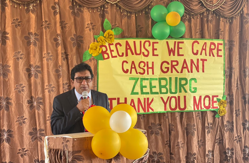 Attorney-General, Anil Nandlall, S.C. at the Zeeburg Secondary School on Monday to kick start  distribution of the ‘Because We Care’ education cash grant at various education institutions across Region Three