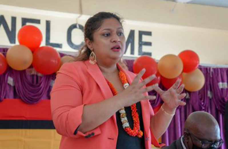 Education Minister Priya Manickchand delivering remarks at the Lichfield Primary School (DPI photo)