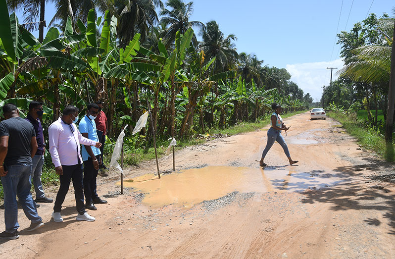 Minister within the Ministry of Public Works, Deodat Indar, assessing the damage on a section of the Zeelandia Road on Saturday (Adrian Narine photo)