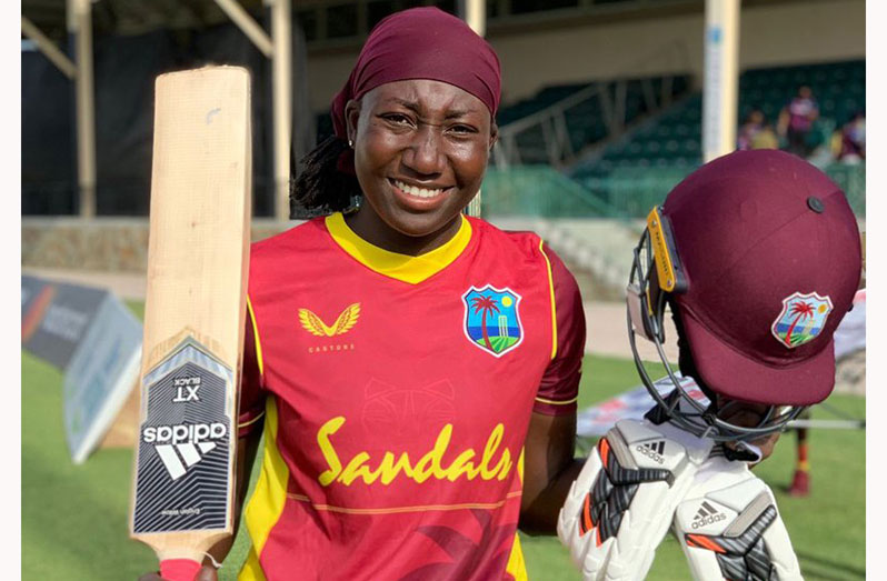 Stafanie Taylor celebrates her sixth ODI century at the Coolidge Cricket Ground on Wednesday.