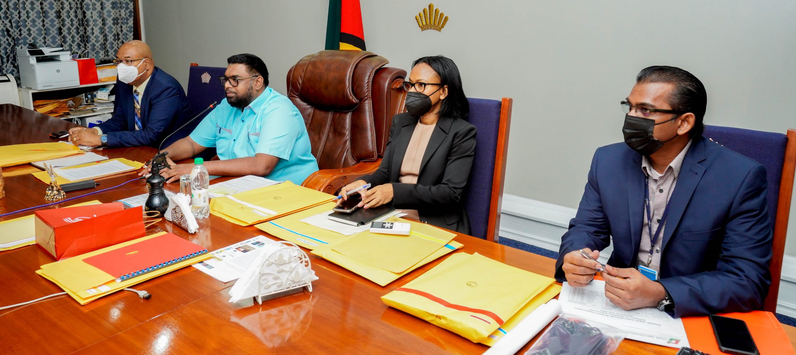 President, Dr. Irfaan Ali; Minister of Public Works, Juan Edghill (first from left); Minister of Tourism, Industry and Commerce, Oneidge Walrond and CEO of CJIA, Ramesh Ghir, engage executive members of Caribbean Airlines Limited during a virtual meeting, on Wednesday