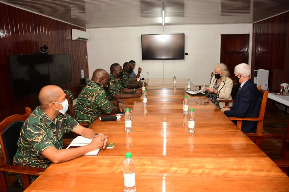 British High Commissioner, Jane Miller and Deputy High Commissioner, Ray Davidson (right) engage Chief-of-Staff of the GDF, Brigadier Godfrey Bess, and his team at the GDF’s Headquarters