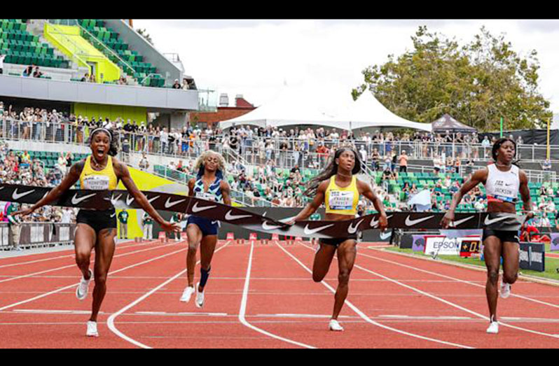 Elaine Thompson-Herah came within 0.05 seconds of Florence Griffith Joyner’s 33-year-old 100 metres world record on Saturday.