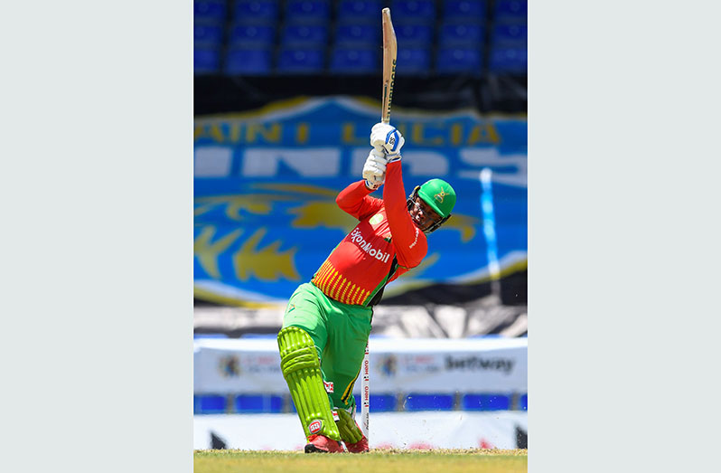 Shimron Hetmyer of Guyana Amazon Warriors hits a maximum during the 2021 Hero CPL match against Trinbago Knight Riders at Warner Park Sporting Complex yesterday in Basseterre, St Kitts & Nevis.. (Photo by Randy Brooks - CPL T20/Getty Images)
