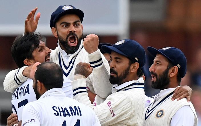 India celebrate their second Test victory at Lord’s.