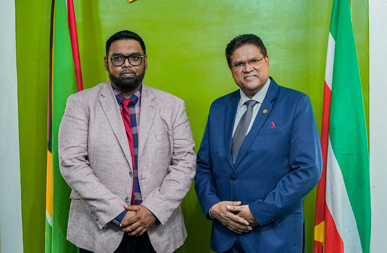 President, Dr. Irfaan Ali and Suriname’s President, Chandrikapersad Santokhi (Office of the President photo)