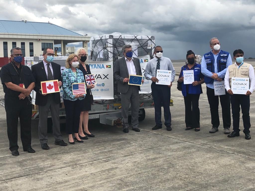 US Ambassador, Sarah-Ann Lynch (third left) and Health Minister, Dr Frank Anthony (fourth right) with diplomats and others at the Cheddi Jagan International Airport (CJIA) on Friday (US Embassy photo)