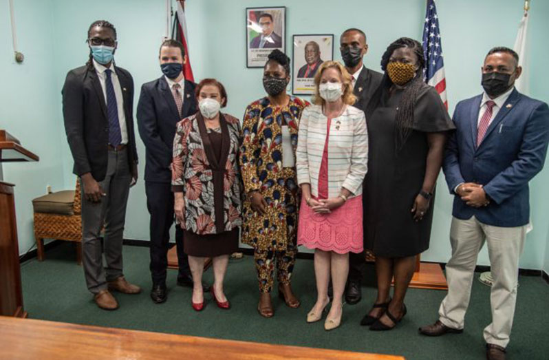 Minister of Parliamentary Affairs and Governance, Gail Teixeira, alongside Peace Corps Country Director, Dr. Nadine Rogers; US Ambassador, Sarah- Ann Lynch and Peace Corps officials, on Wednesday (DPI photo)