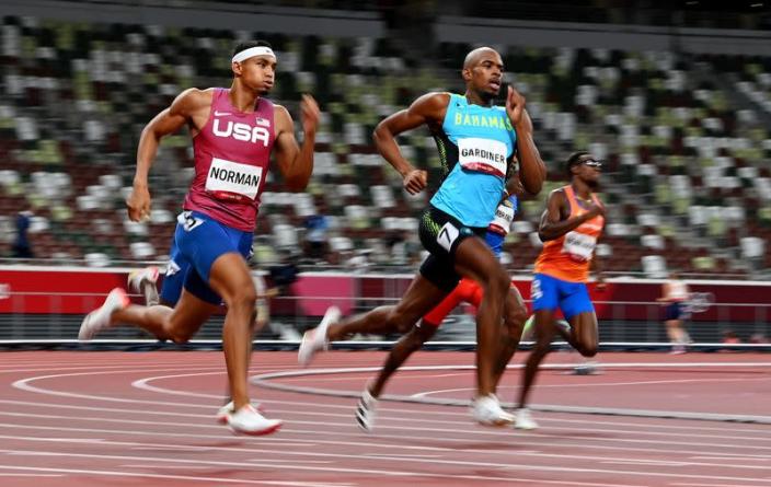 U.S. men were kept off the 400 metres podium, an event they swept in 2004 and 2008 but haven't won since.