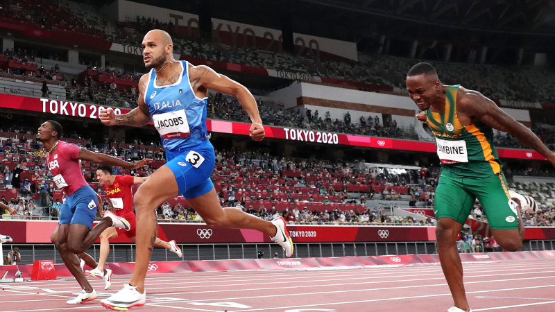 Italian Lamont Marcell Jacobs crosses the line first in the men’s 100m final at Olympic Stadium.CREDIT:GETTY