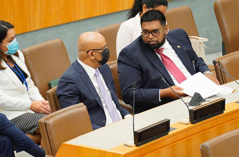 President, Dr. Irfaan Ali and Vice-President, Bharrat Jagdeo, at a high-level meeting to commemorate the 20th Anniversary of the Durban Declaration and Programme of Action, on Wednesday