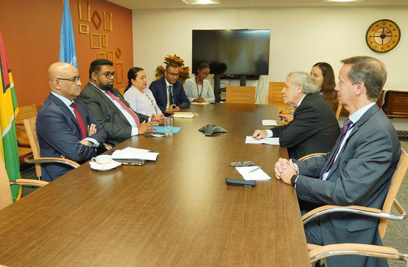 President Dr Irfaan Ali; Vice-President Bharrat Jagdeo; Guyana’s Permanent Representative to the United Nations, Ambassador Carolyn Rodrigues-Birkett; and Foreign Secretary Robert Persaud engage a team from the OAS, which was led by the bloc’s Secretary-General, Luis Almagro