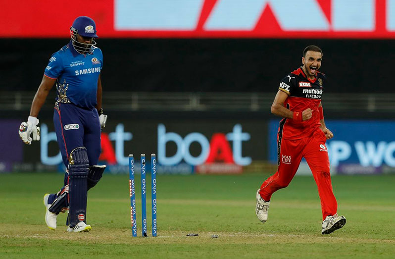 Harshal Patel bamboozled KIeron Pollard with a slower ball, Royal Challengers Bangalore vs Mumbai Indians, Dubai, IPL 2021, September 26, 2021 © BCCI