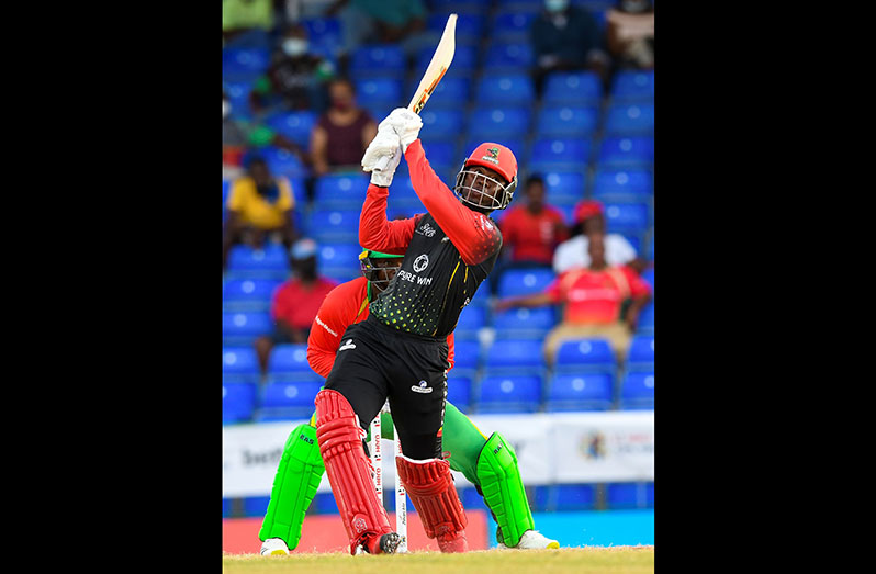 Sherfane Rutherford of St Kitts & Nevis Patriots hits four during the 2021 Hero Caribbean Premier League match 12 against Jamaica Tallawahs at Warner Park Sporting Complex in Basseterre, St Kitts and Nevis on Wednesday night. Patriots won by six wickets. (Photo by Randy Brooks - CPL T20/Getty Images)
