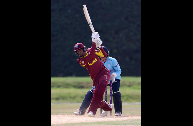 Teddy Bishop hits out during his unbeaten 97 in the second Youth ODI against England Under-19s on Monday. (Photo courtesy CWI Media).