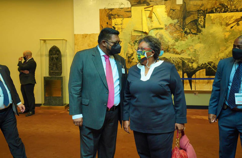 President Dr. Irfaan Ali and Prime Minister of Barbados, Mia Mottley in conversation on Tuesday