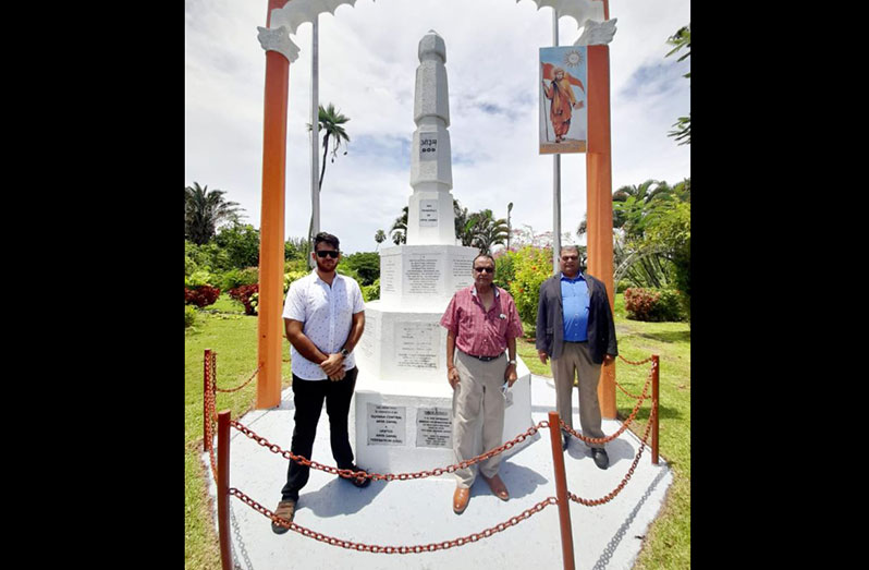 Dr. Vishnu Bandhu, URP leader (right) with UPR Trustee, Ganesh Rajkumar and URP Chairman, Dr. Josh Kanhai (left) at the Arya Samaj national monument, Promenade Gardens, Georgetown