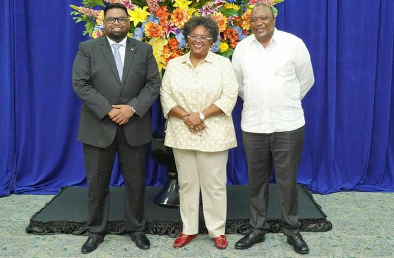 President Dr. Irfaan Ali shares a light moment with Prime Minister of Barbados, Mia Motley and President of the Republic of Kenya, Uhuru Kenyatta